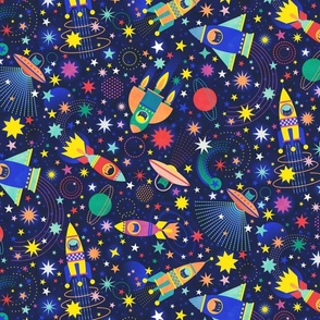 Space Adventure Small- Multicolored on Navy Blue Background- Intergalactic Cats- Rainbow Space Cat- VintagePets- 80s Retro- Ditsy- Multidirectional- Outer Space Ufo Arcade Games- Kids- Children Bedroom