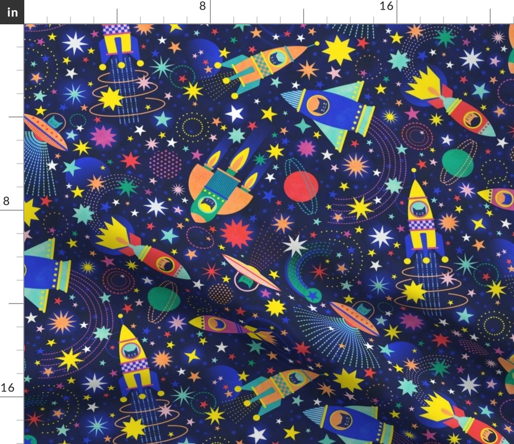Space Adventure Small- Multicolored on Navy Blue Background- Intergalactic Cats- Rainbow Space Cat- VintagePets- 80s Retro- Ditsy- Multidirectional- Outer Space Ufo Arcade Games- Kids- Children Bedroom