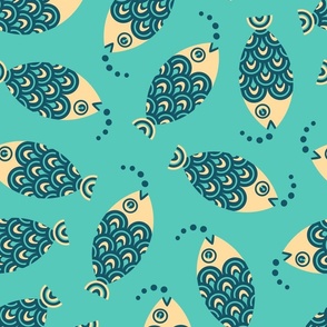 Swimming Fish Undersea Ocean Retro Geometric in Turquoise Blue Cream - Tossed Layout - MEDIUM Scale - UnBlink Studio by Jackie Tahara