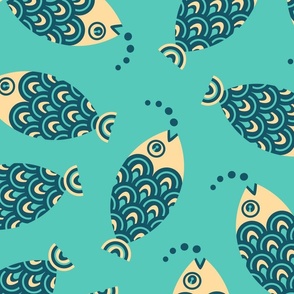 Swimming Fish Undersea Ocean Retro Geometric in Turquoise Blue Cream - Tossed Layout - LARGE Scale - UnBlink Studio by Jackie Tahara