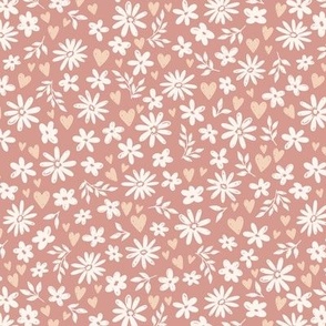 Ditsy Country Floral & Hearts on Muted Pink (Medium Scale)