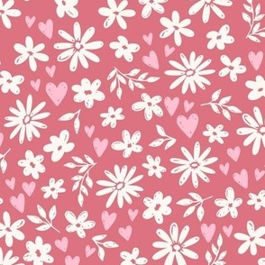 Ditsy Country Floral & Hearts on Berry (Large Scale)