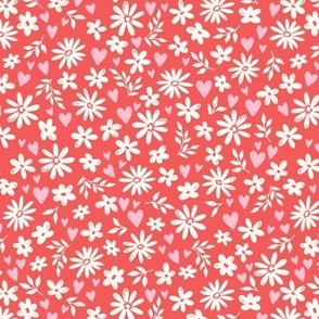 Ditsy Country Floral & Hearts on Red (Medium Scale)
