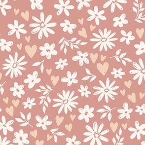 Ditsy Country Floral & Hearts on Muted Pink (Large Scale)