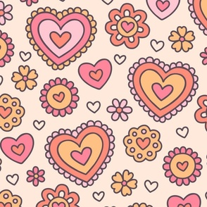 Doodle Hearts in Pink & Orange (Large Scale)