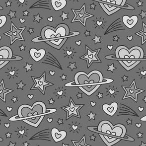Doodle Outer Space Hearts & Stars in Grays (Medium Scale)