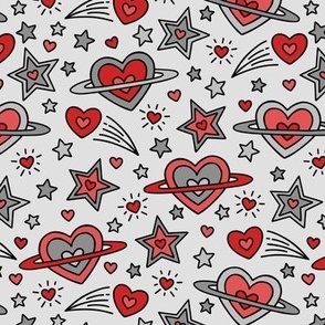 Doodle Outer Space Hearts & Stars in Red & Gray (Medium Scale)