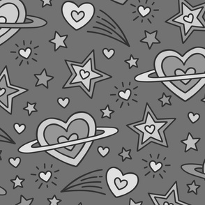 Doodle Outer Space Hearts & Stars in Grays (Large Scale)