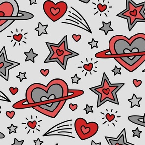 Doodle Outer Space Hearts & Stars in Red & Gray (Large Scale)