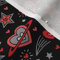 Doodle Outer Space Hearts & Stars in Red & Gray on Black (Medium Scale)