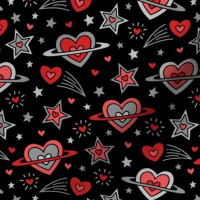 Doodle Outer Space Hearts & Stars in Red & Gray on Black (Medium Scale)