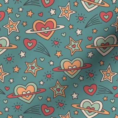 Doodle Outer Space Hearts & Stars in Retro Colors (Medium Scale)