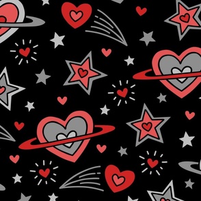 Doodle Outer Space Hearts & Stars in Red & Gray on Black (Large Scale)