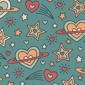 Doodle Outer Space Hearts & Stars in Retro Colors (Large Scale)