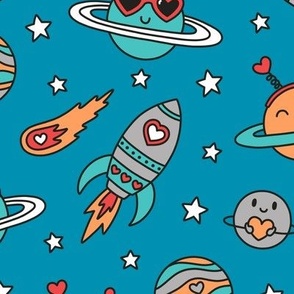 Valentine's Day in Outer Space in Orange & Teal (Large Scale)