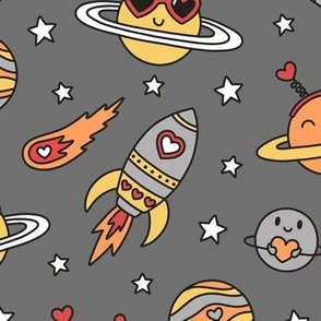 Valentine's Day in Outer Space in Orange & Yellow on Gray (Large Scale)