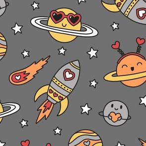Valentine's Day in Outer Space in Orange & Yellow on Gray  (Extra Large Scale)