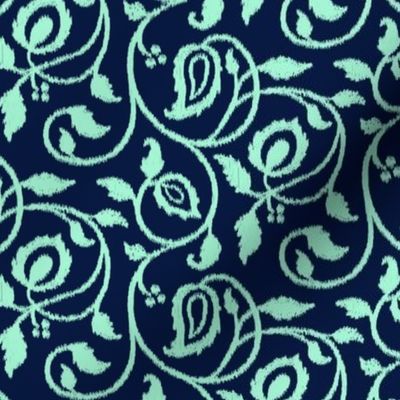 Spring paisley Ikat vines - mint on midnight blue - Ethnic Floral - medium