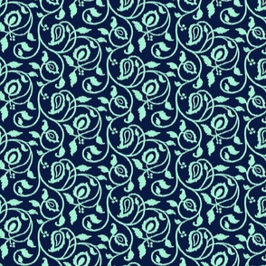 Spring paisley Ikat vines - mint on midnight blue - Ethnic Floral - medium