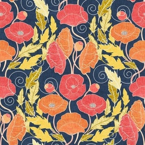 Ornamental Poppy Art Nouveau - red, orange, and yellow on navy