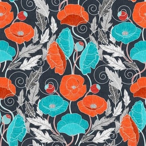 Ornamental Poppy Art Nouveau - red and turquoise blue