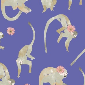 Large Monkeys on Very Peri Watercolor Jungle Animals with Flowers Purple Periwinkle