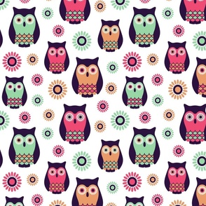 Funky owls pink jade green white background
