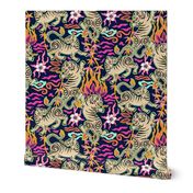 Bright flaming spring tigers - Asian beasts on midnight blue - large
