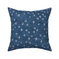 Migrate in Deep Blue | Flocks of birds, swifts, swallows, coastal decor, bird migration, flying birds, nature fabric in blue and white.