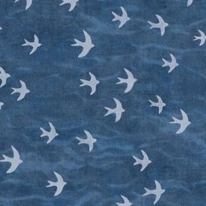Migrate in Deep Blue | Flocks of birds, swifts, swallows, coastal decor, bird migration, flying birds, nature fabric in blue and white.