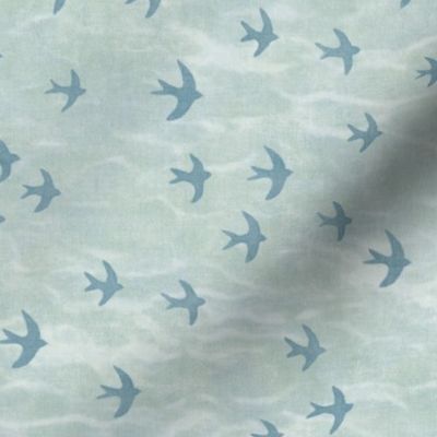 Migrate in Palladian Blue | Flocks of birds, swifts, swallows, coastal decor, bird migration, flying birds, nature fabric in blue green.