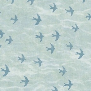 Migrate in Palladian Blue | Flocks of birds, swifts, swallows, coastal decor, bird migration, flying birds, nature fabric in blue green.