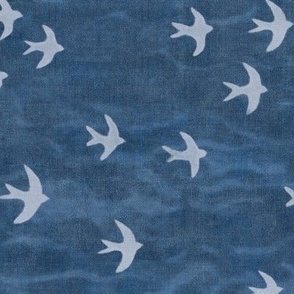 Migrate in Deep Blue (large scale) | Flocks of birds, swifts, swallows, coastal decor, bird migration, flying birds, nature fabric in blue and white.