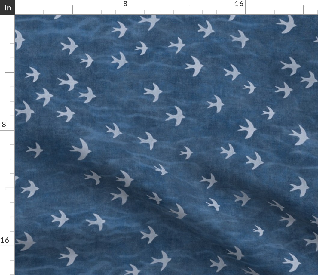 Migrate in Deep Blue (large scale) | Flocks of birds, swifts, swallows, coastal decor, bird migration, flying birds, nature fabric in blue and white.