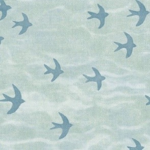 Migrate in Palladian Blue (large scale) | Flocks of birds, swifts, swallows, coastal decor, bird migration, flying birds, nature fabric in blue green.