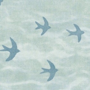 Migrate in Palladian Blue (xl scale) | Flocks of birds, swifts, swallows, coastal decor, bird migration, flying birds, nature fabric in blue green.