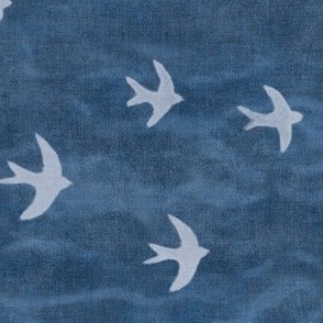 Migrate in Deep Blue (xl scale) | Flocks of birds, swifts, swallows, coastal decor, bird migration, flying birds, nature fabric in blue and white.