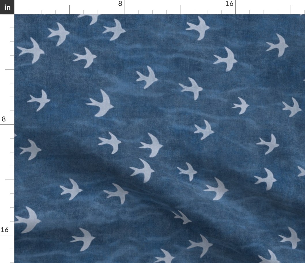 Migrate in Deep Blue (xl scale) | Flocks of birds, swifts, swallows, coastal decor, bird migration, flying birds, nature fabric in blue and white.