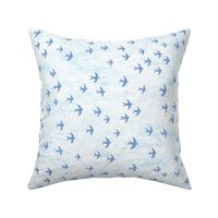 Migrate in Sky Blue | Flocks of birds, swifts, swallows, coastal decor, bird migration, flying birds, nature fabric in blue and white.