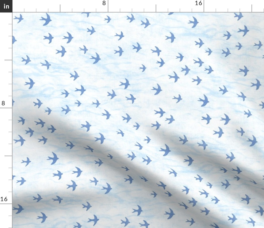 Migrate in Sky Blue | Flocks of birds, swifts, swallows, coastal decor, bird migration, flying birds, nature fabric in blue and white.