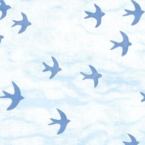 Migrate in Sky Blue (large scale) | Flocks of birds, swifts, swallows, coastal decor, bird migration, flying birds, nature fabric in blue and white.