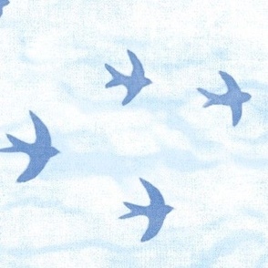 Migrate in Sky Blue (xl scale) | Flocks of birds, swifts, swallows, coastal decor, bird migration, flying birds, nature fabric in blue and white.