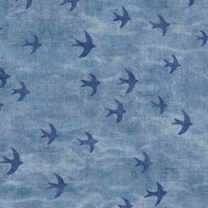 Migrate in Gray Blue | Flocks of birds, swifts, swallows, coastal decor, bird migration, flying birds, nature fabric in rustic denim blue.