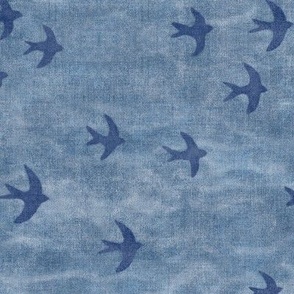 Migrate in Gray Blue (large scale) | Flocks of birds, swifts, swallows, coastal decor, bird migration, flying birds, nature fabric in rustic denim blue.