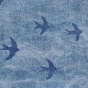 Migrate in Gray Blue (xl scale) | Flocks of birds, swifts, swallows, coastal decor, bird migration, flying birds, nature fabric in rustic denim blue.