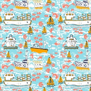 Boats for All block print blue