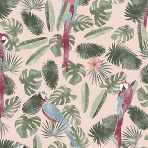 Large Parrot in Tropical Leaves on Blush Pink Watercolor Jungle Birds Animals Araras Parrots