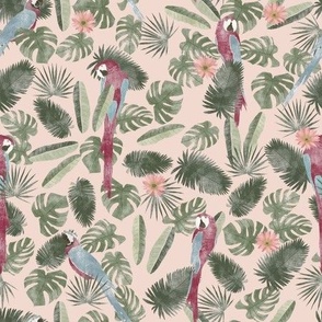 Small Parrot in Tropical Leaves on Blush Pink Watercolor Jungle Birds Animals Araras Parrots