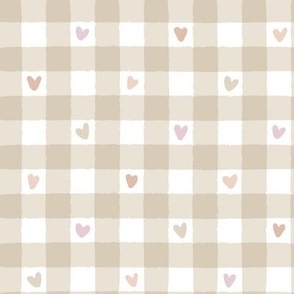 Beige Heart Gingham - Medium Scale