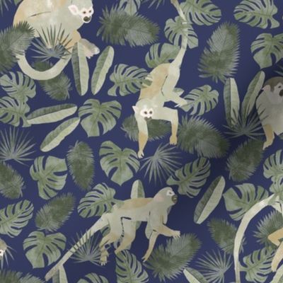 Small Monkey in Tropical Leaves on Dark Blue Watercolor Safari Animals Squirrel Monkeys with Monstera